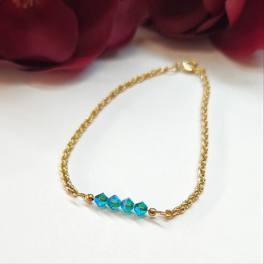 Handmade Teal Blue AB Crystal Bar Bracelet Gold Chain